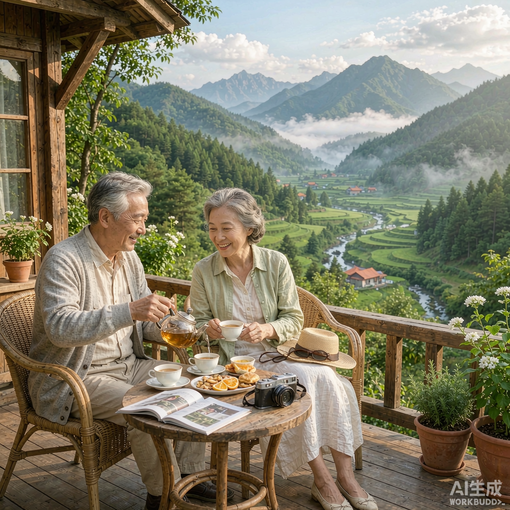银发夫妇在山景露台品茶